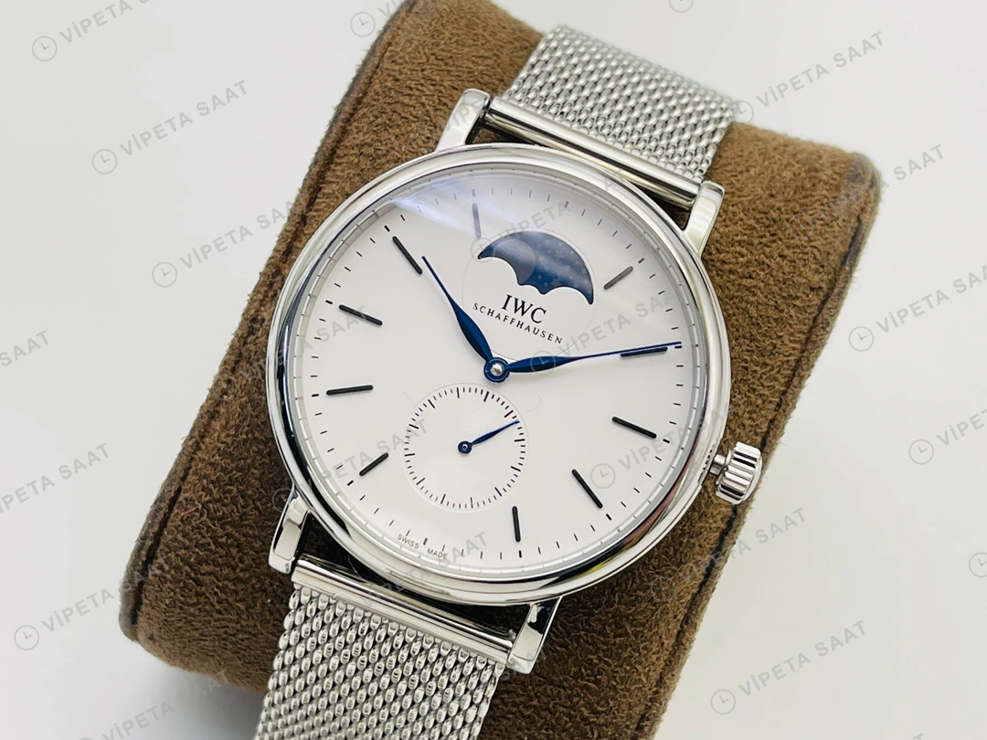 IWC Portofino Moonphase Beyaz Kadran Çelik Super Clone ETA Eta Saat detay 8
