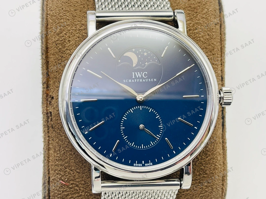 IWC Portofino Moonphase Mavi Kadran Çelik Super Clone ETA Eta Saat detay 5