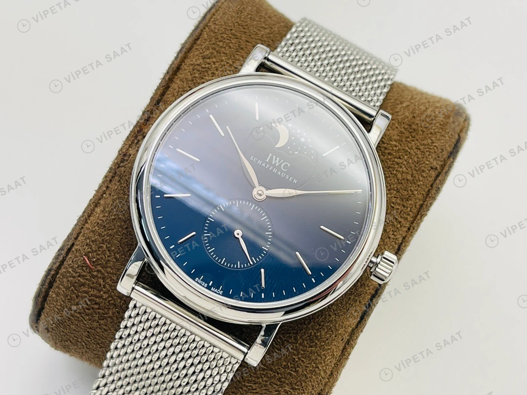IWC Portofino Moonphase Mavi Kadran Çelik Super Clone ETA Eta Saat detay 6
