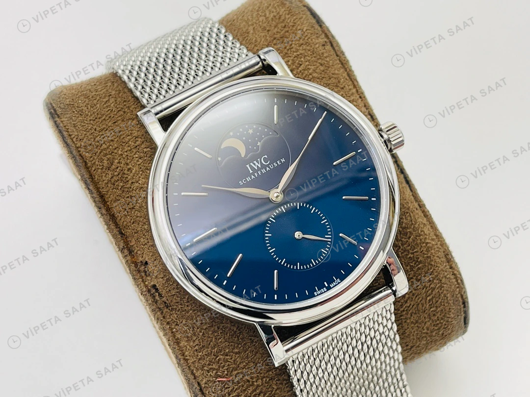 IWC Portofino Moonphase Mavi Kadran Çelik Super Clone ETA Eta Saat detay 7