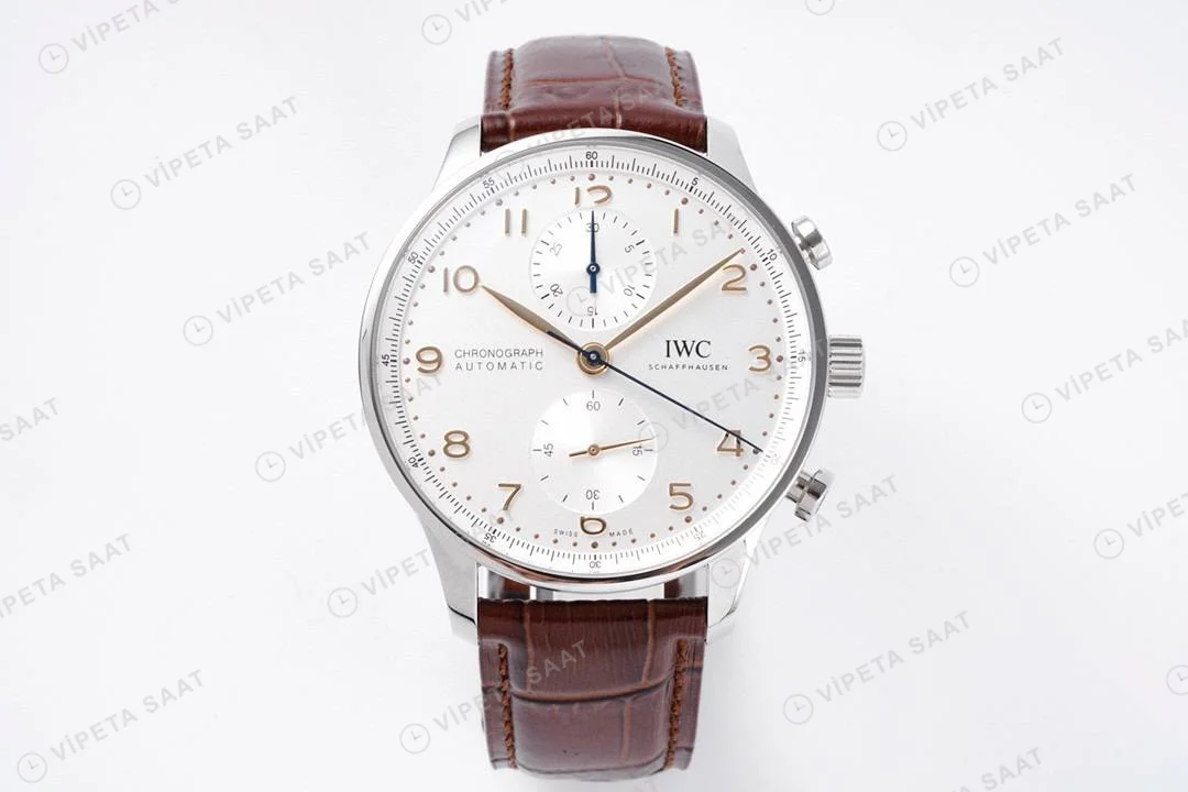 IWC Portuguese Chronograph Silver Dial 41mm ETA Saat Super Clone ETA karşıdan görünüm