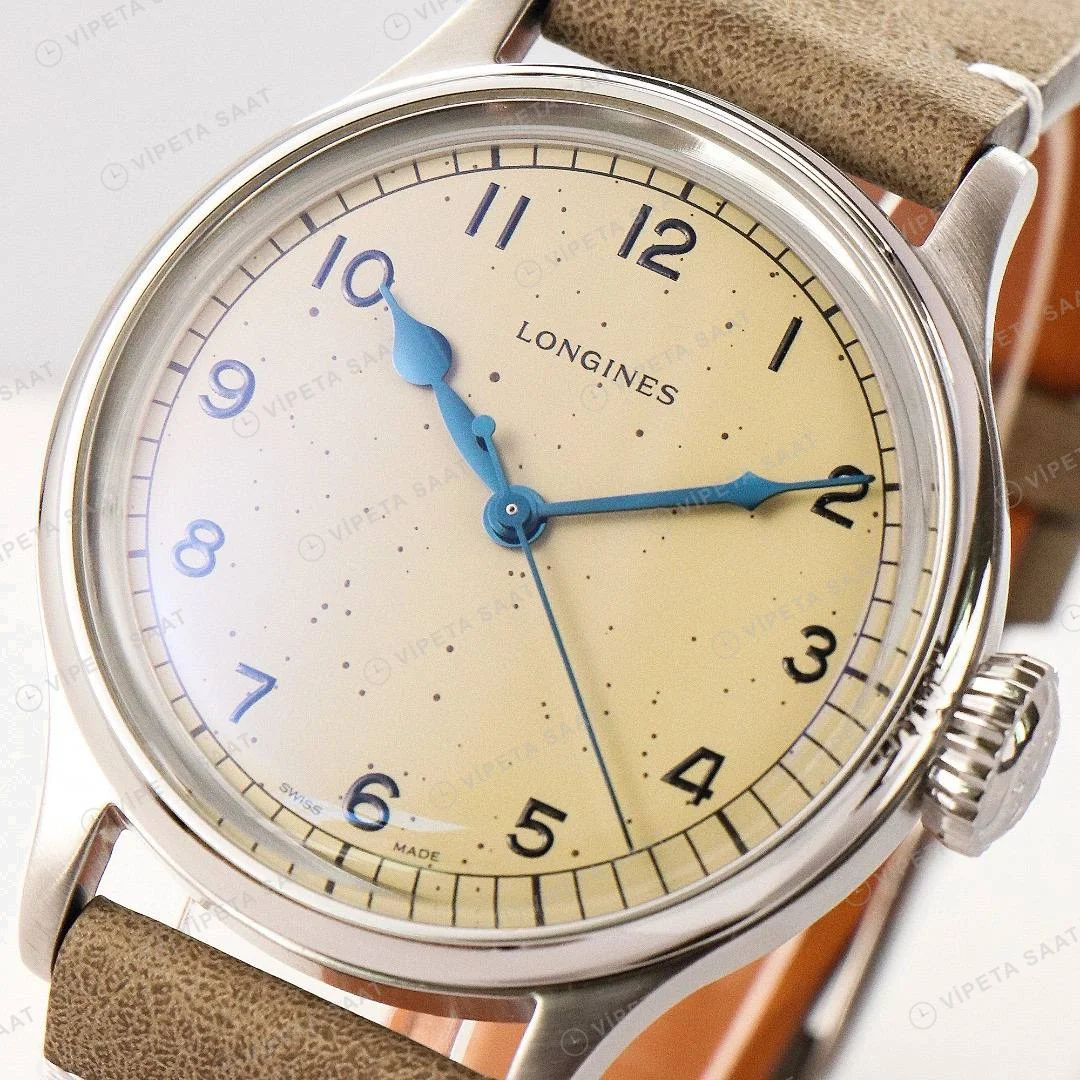 Longines Heritage Military 38.5mm Krem Kadran Kahverengi Deri Super Clone ETA Saat detay 3
