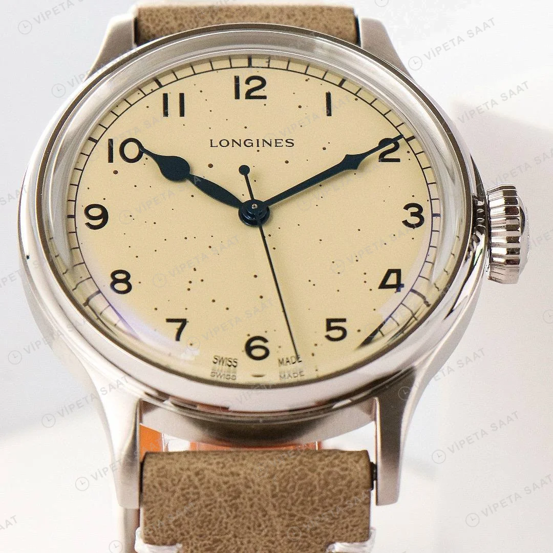 Longines Heritage Military 38.5mm Krem Kadran Kahverengi Deri Super Clone ETA Saat detay 4