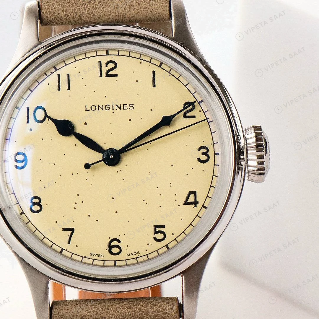 Longines Heritage Military 38.5mm Krem Kadran Kahverengi Deri Super Clone ETA Saat detay 6