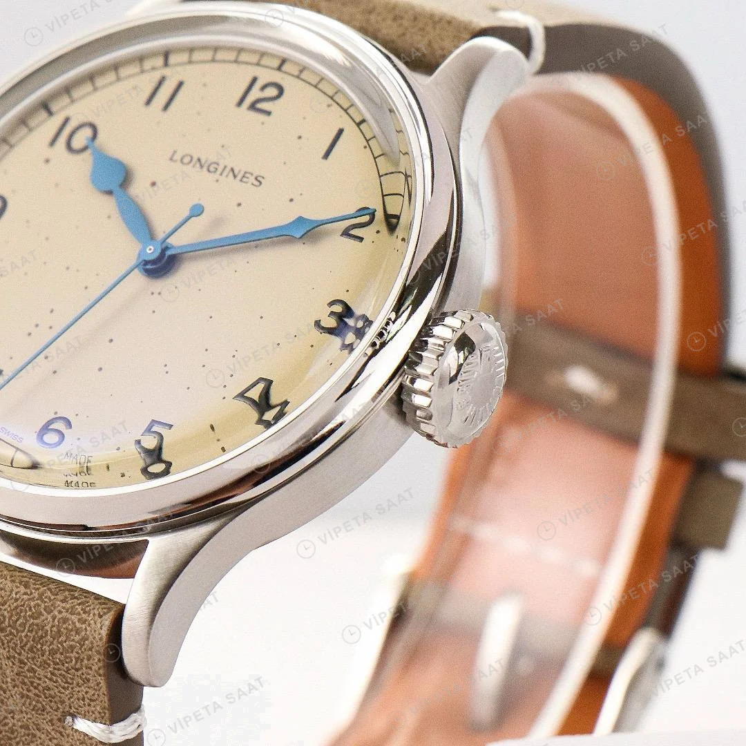 Longines Heritage Military 38.5mm Krem Kadran Kahverengi Deri Super Clone ETA Saat detay 8