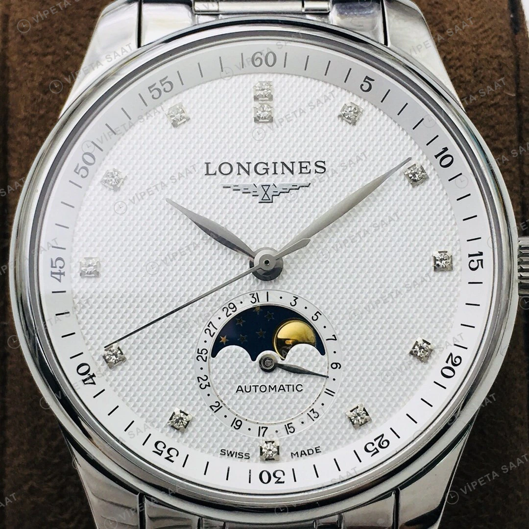Longines Master Collection Ay Evreli Beyaz Kadran Çelik 40mm Super Clone ETA Eta Saat yan görünüm