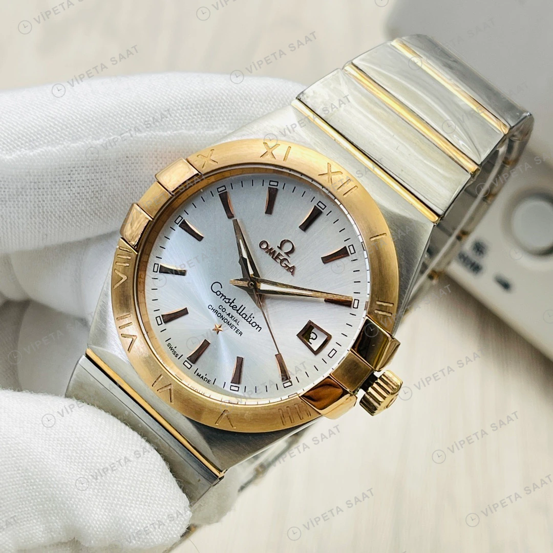 Omega Constellation Beyaz Kadran Çelik Gold Super Clone ETA Eta Saat detay 6
