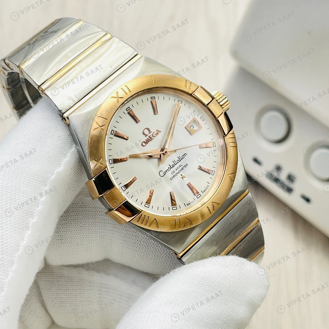 Omega Constellation Beyaz Kadran Çelik Gold Super Clone ETA Eta Saat detay 8
