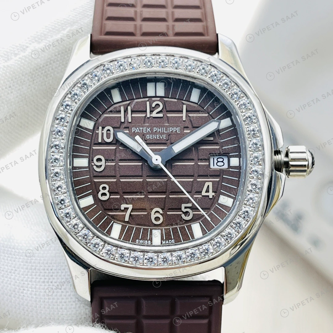 Patek Philippe Aquanaut Kahve Kadran Taşlı Bezel Çelik Kauçuk Kordon Super Clone ETA Eta Saat detay 6
