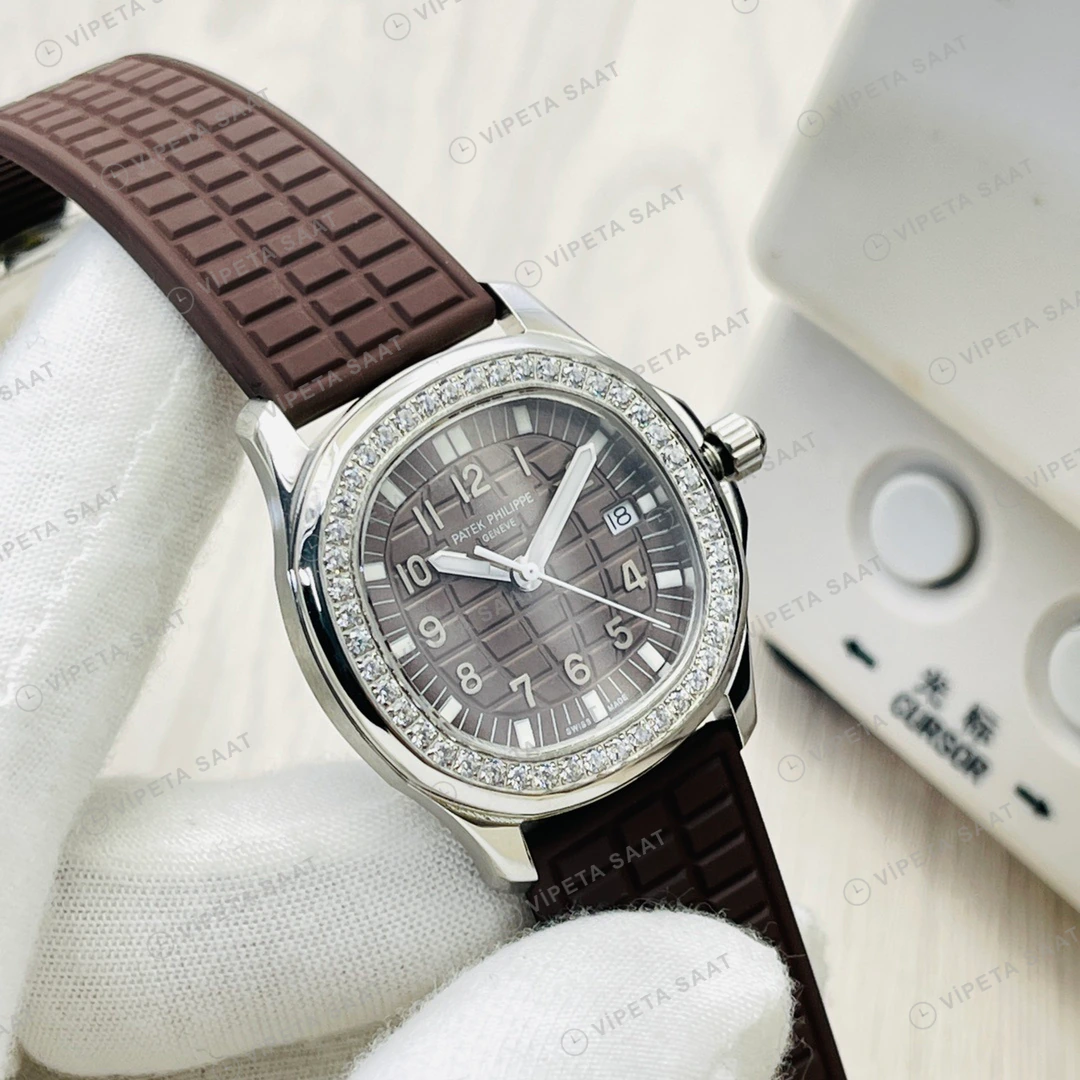 Patek Philippe Aquanaut Kahve Kadran Taşlı Bezel Çelik Kauçuk Kordon Super Clone ETA Eta Saat detay 8