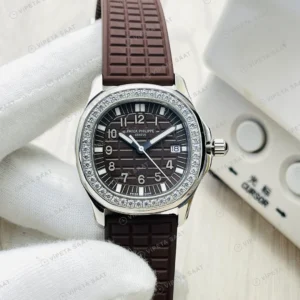 Patek Philippe Aquanaut Kahve Kadran Taşlı Bezel Çelik Kauçuk Kordon Super Clone ETA Eta Saat detay 9