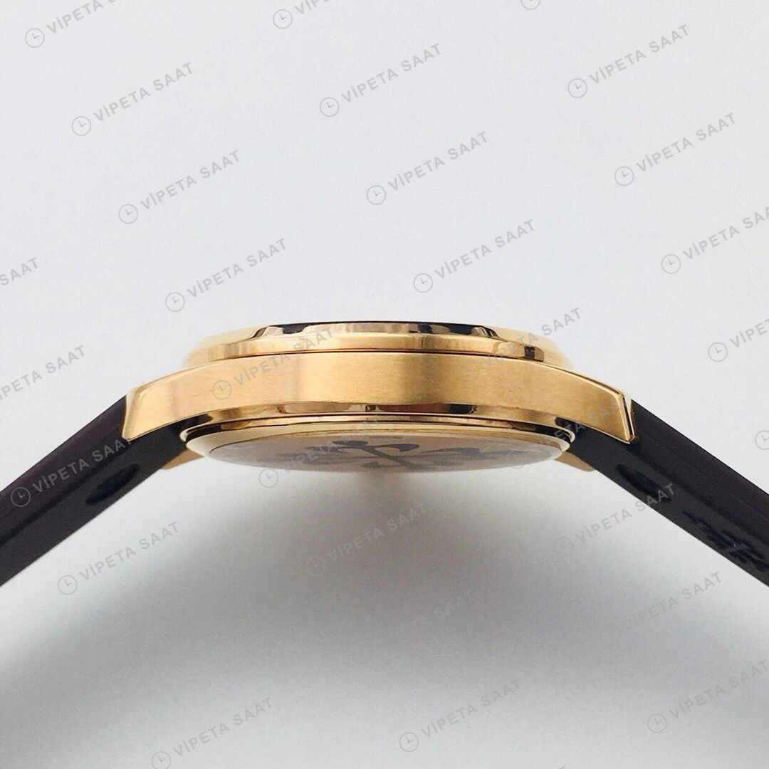 Patek Philippe Aquanaut Luce Kahve Kadran Taşlı Bezel Gold Kauçuk Kordon Super Clone ETA Eta Saat yan görünüm