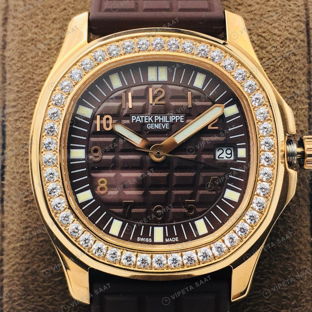 Patek Philippe Aquanaut Luce Kahve Kadran Taşlı Bezel Gold Kauçuk Kordon Super Clone ETA Eta Saat detay 3