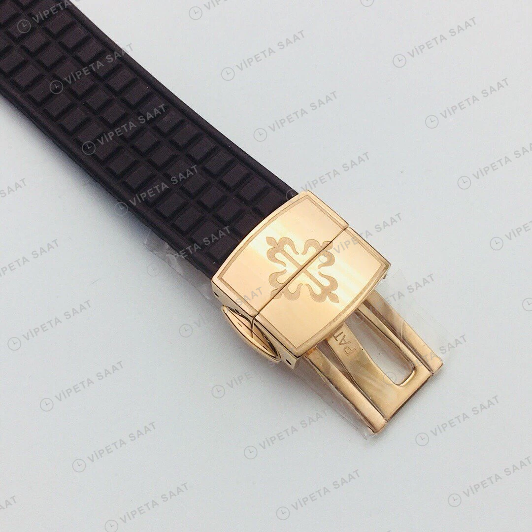 Patek Philippe Aquanaut Luce Kahve Kadran Taşlı Bezel Gold Kauçuk Kordon Super Clone ETA Eta Saat detay 4