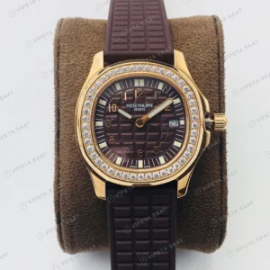 Patek Philippe Aquanaut Luce Kahve Kadran Taşlı Bezel Gold Kauçuk Kordon Super Clone ETA Eta Saat detay 5