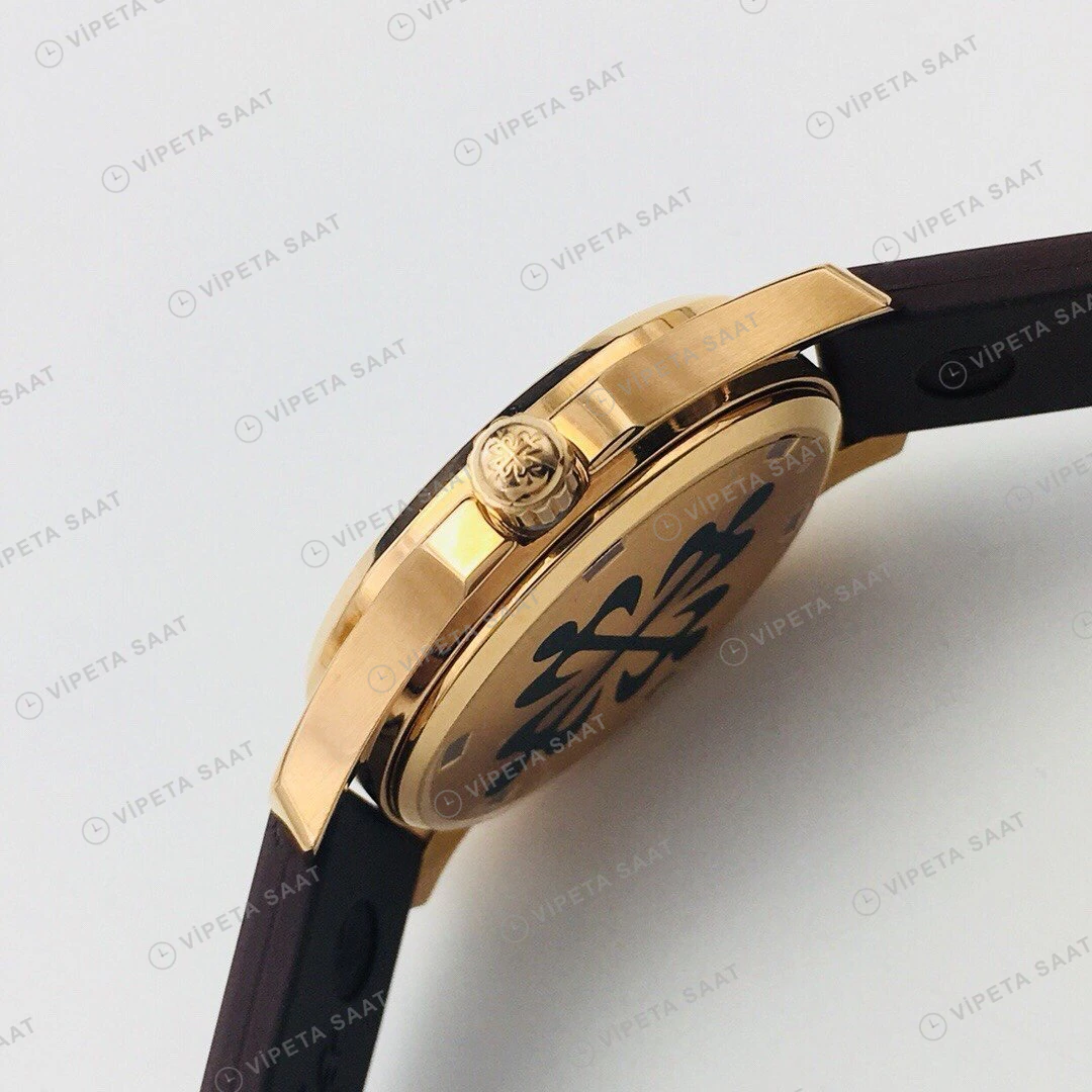 Patek Philippe Aquanaut Luce Kahve Kadran Taşlı Bezel Gold Kauçuk Kordon Super Clone ETA Eta Saat detay 6
