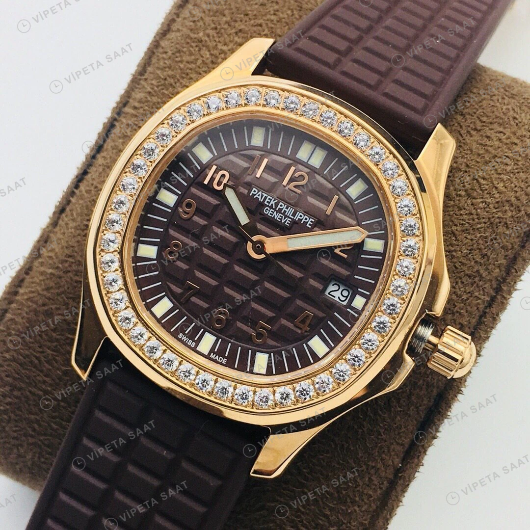 Patek Philippe Aquanaut Luce Kahve Kadran Taşlı Bezel Gold Kauçuk Kordon Super Clone ETA Eta Saat detay 8