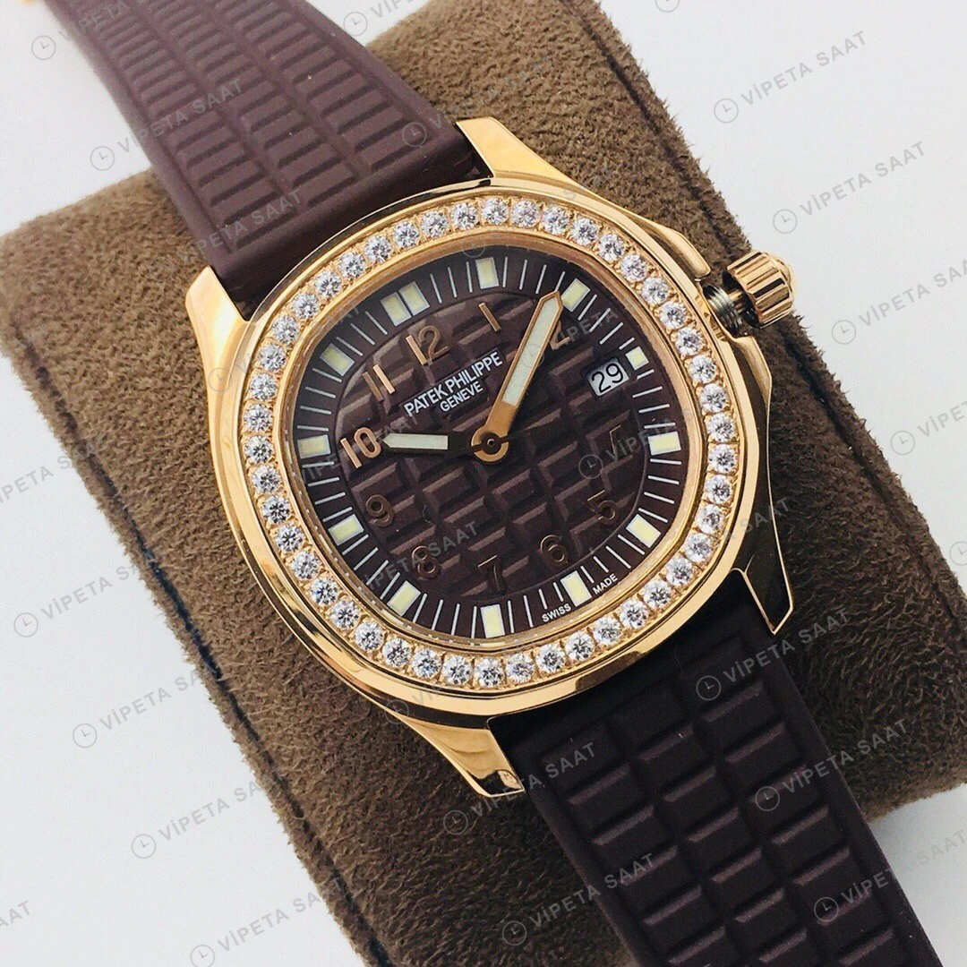 Patek Philippe Aquanaut Luce Kahve Kadran Taşlı Bezel Gold Kauçuk Kordon Super Clone ETA Eta Saat detay 9