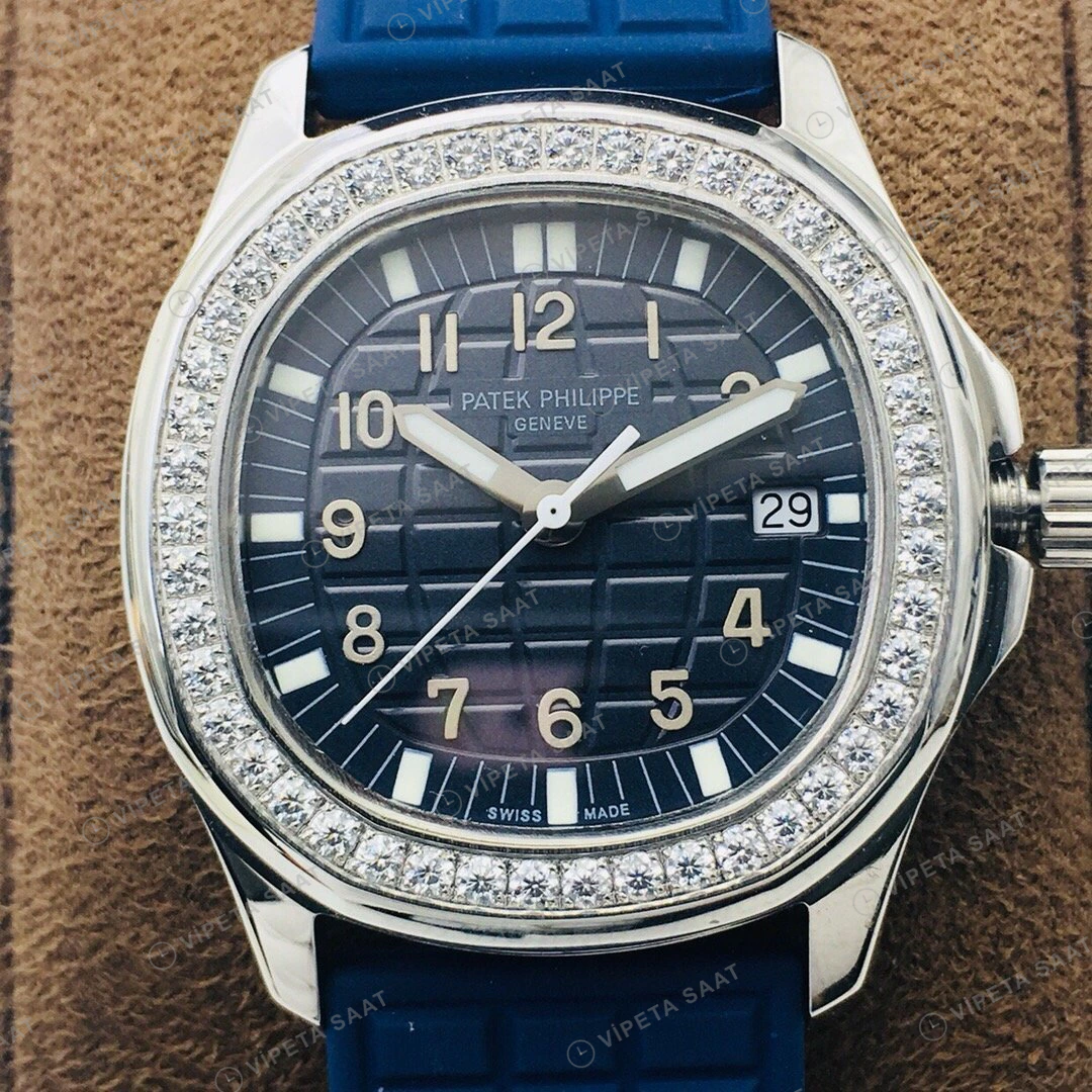 Patek Philippe Aquanaut Luce Mavi Kadran Taşlı Bezel Çelik Kauçuk Kordon Super Clone ETA Eta Saat detay 3