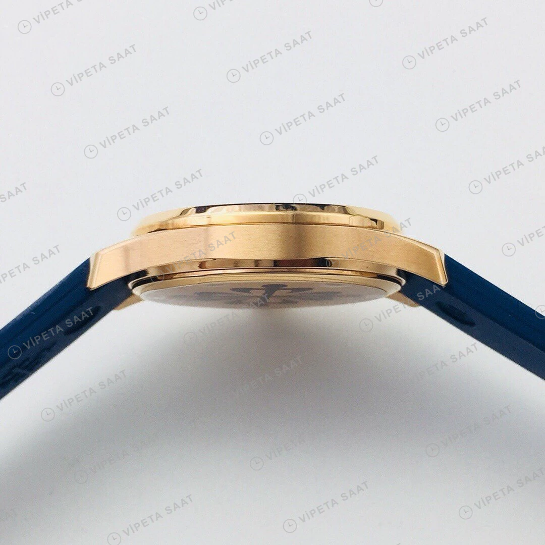 Patek Philippe Aquanaut Luce Mavi Kadran Taşlı Bezel Gold Kauçuk Kordon Super Clone ETA Eta Saat yan görünüm