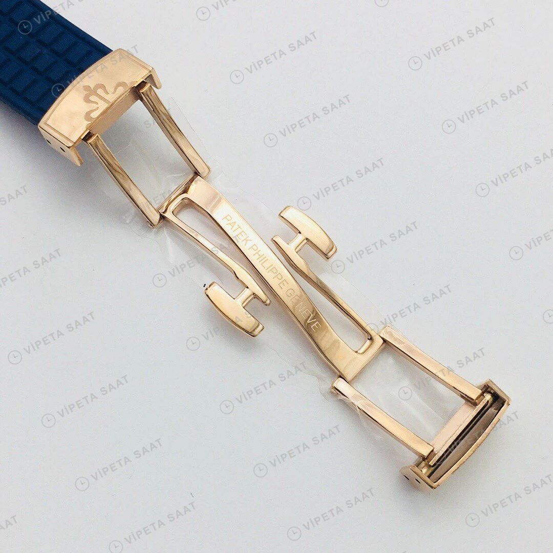 Patek Philippe Aquanaut Luce Mavi Kadran Taşlı Bezel Gold Kauçuk Kordon Super Clone ETA Eta Saat detay 3