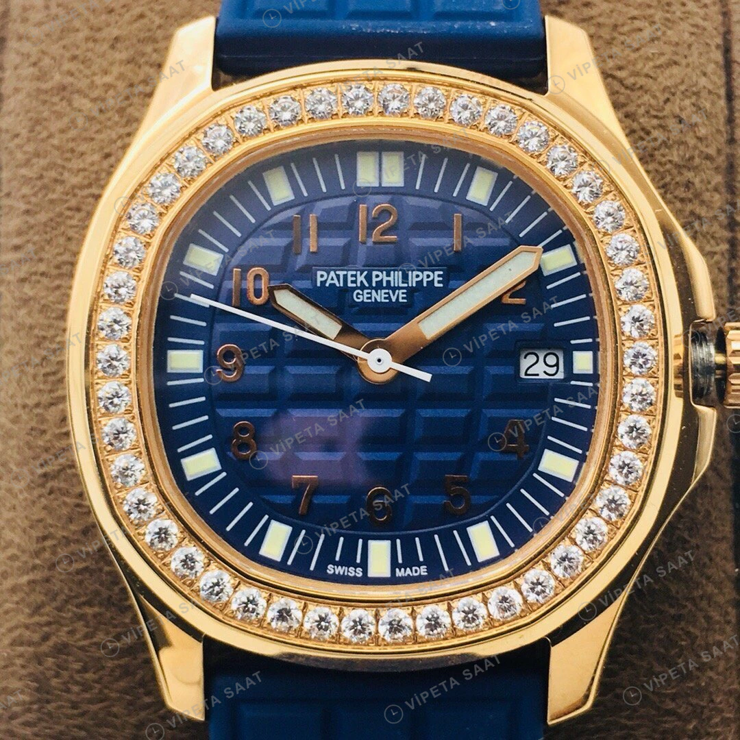 Patek Philippe Aquanaut Luce Mavi Kadran Taşlı Bezel Gold Kauçuk Kordon Super Clone ETA Eta Saat detay 4