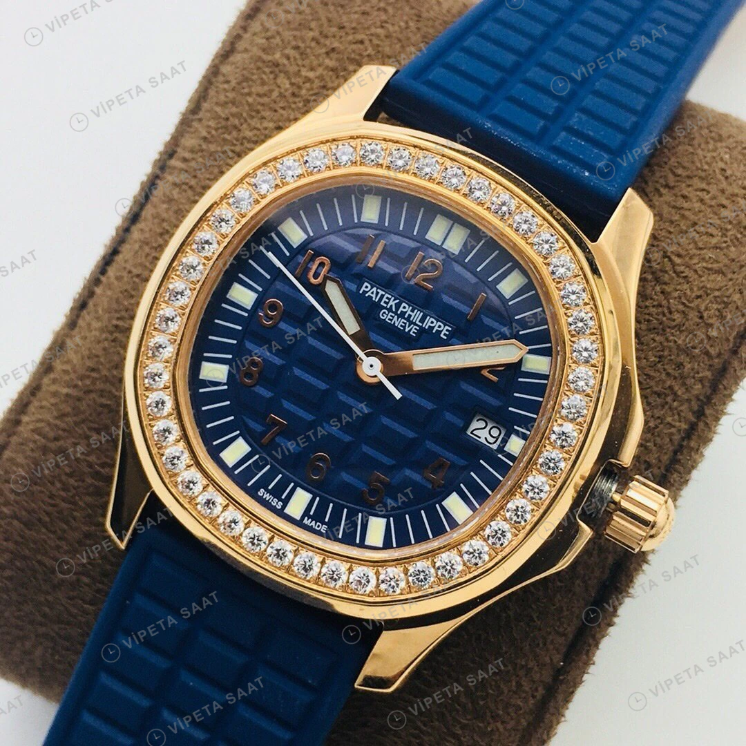 Patek Philippe Aquanaut Luce Mavi Kadran Taşlı Bezel Gold Kauçuk Kordon Super Clone ETA Eta Saat detay 7