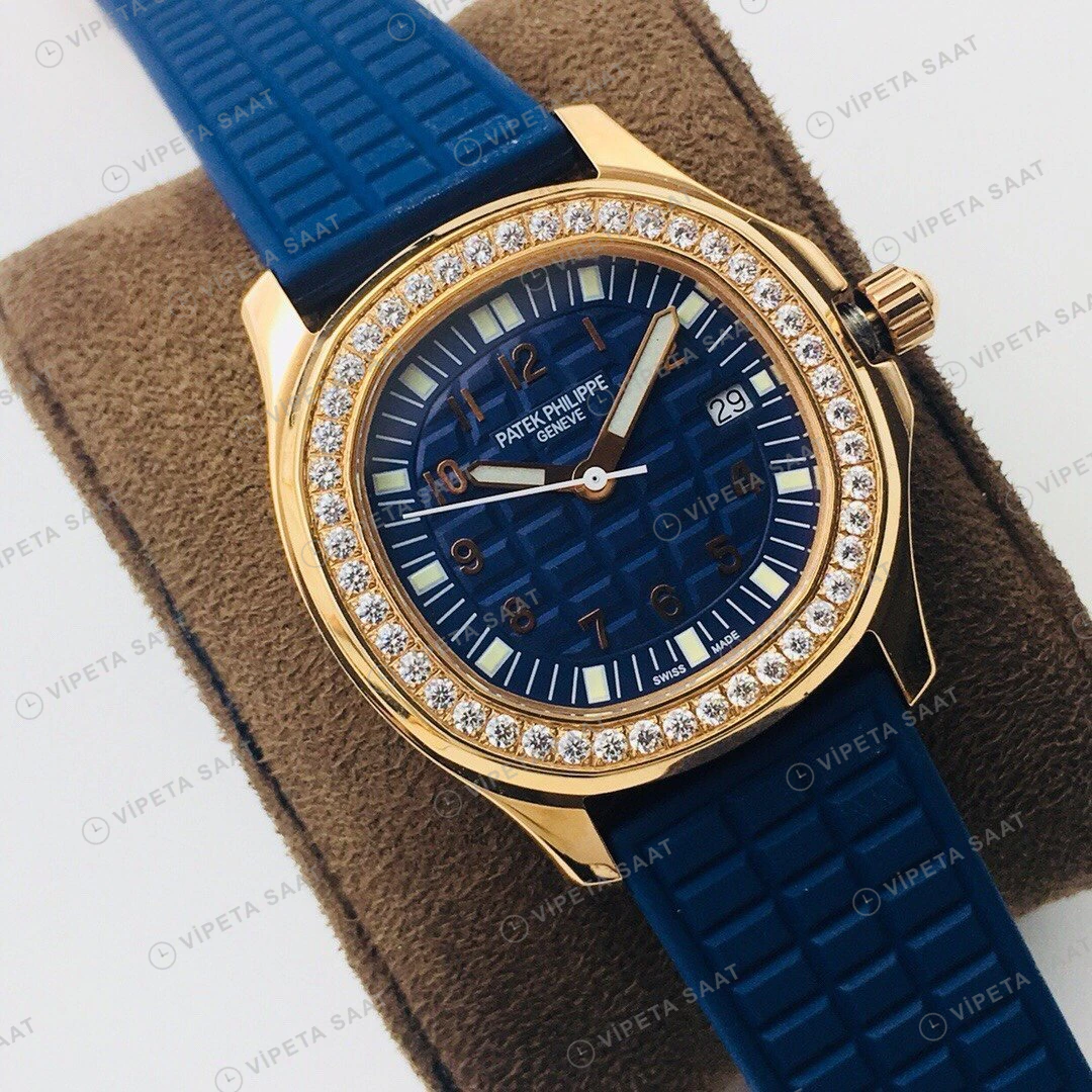 Patek Philippe Aquanaut Luce Mavi Kadran Taşlı Bezel Gold Kauçuk Kordon Super Clone ETA Eta Saat detay 9