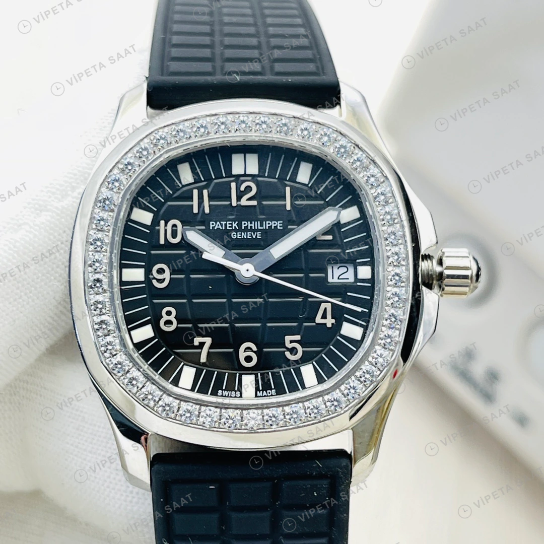 Patek Philippe Aquanaut Siyah Kadran Taşlı Bezel Çelik Kauçuk Kordon Super Clone ETA Eta Saat detay 5