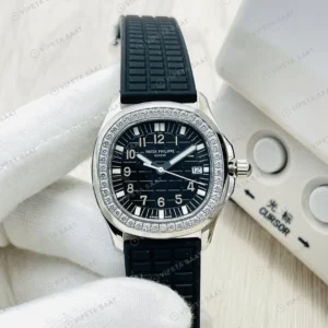Patek Philippe Aquanaut Siyah Kadran Taşlı Bezel Çelik Kauçuk Kordon Super Clone ETA Eta Saat detay 6