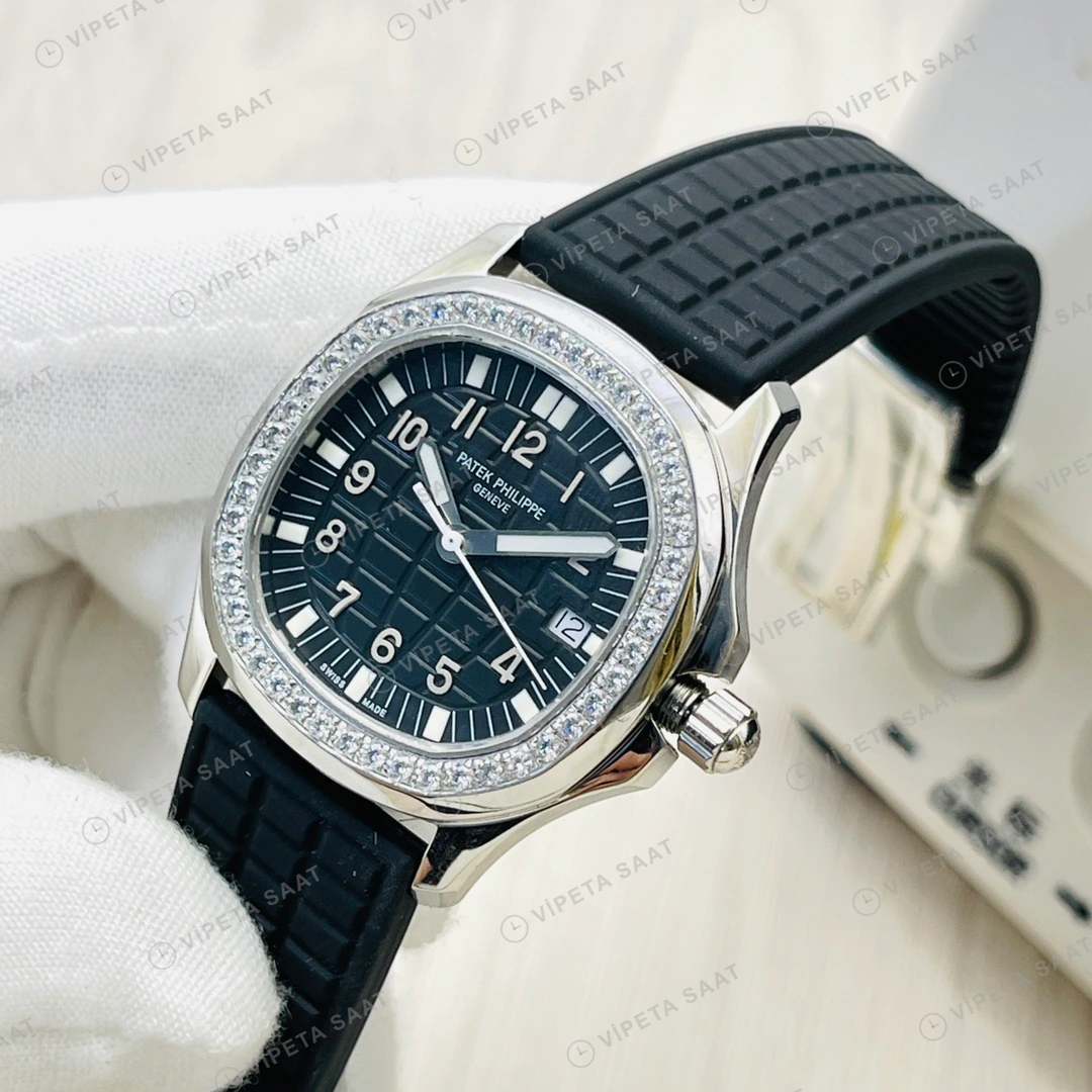 Patek Philippe Aquanaut Siyah Kadran Taşlı Bezel Çelik Kauçuk Kordon Super Clone ETA Eta Saat detay 8
