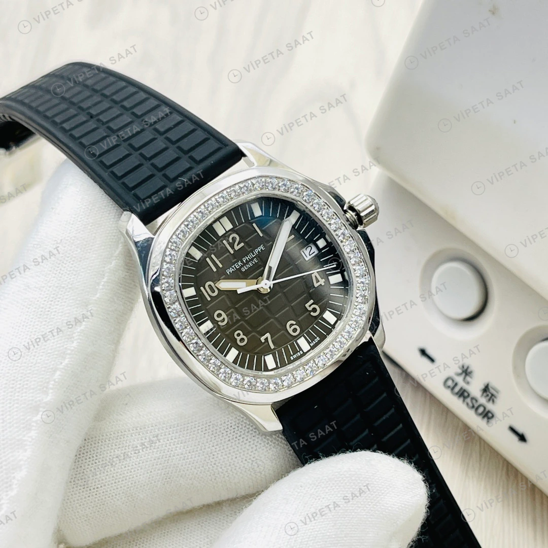 Patek Philippe Aquanaut Siyah Kadran Taşlı Bezel Çelik Kauçuk Kordon Super Clone ETA Eta Saat detay 9