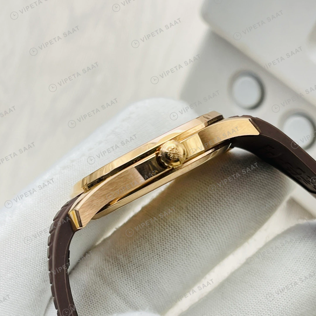 Patek Philippe Aquanaut Siyah Kadran Taşlı Bezel Rose Gold Kauçuk Kordon Super Clone ETA Eta Saat detay 4