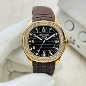 Patek Philippe Aquanaut Siyah Kadran Taşlı Bezel Rose Gold Kauçuk Kordon Super Clone ETA Eta Saat detay 6