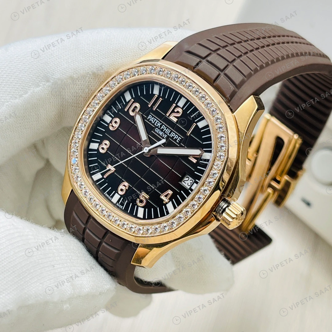 Patek Philippe Aquanaut Siyah Kadran Taşlı Bezel Rose Gold Kauçuk Kordon Super Clone ETA Eta Saat detay 8