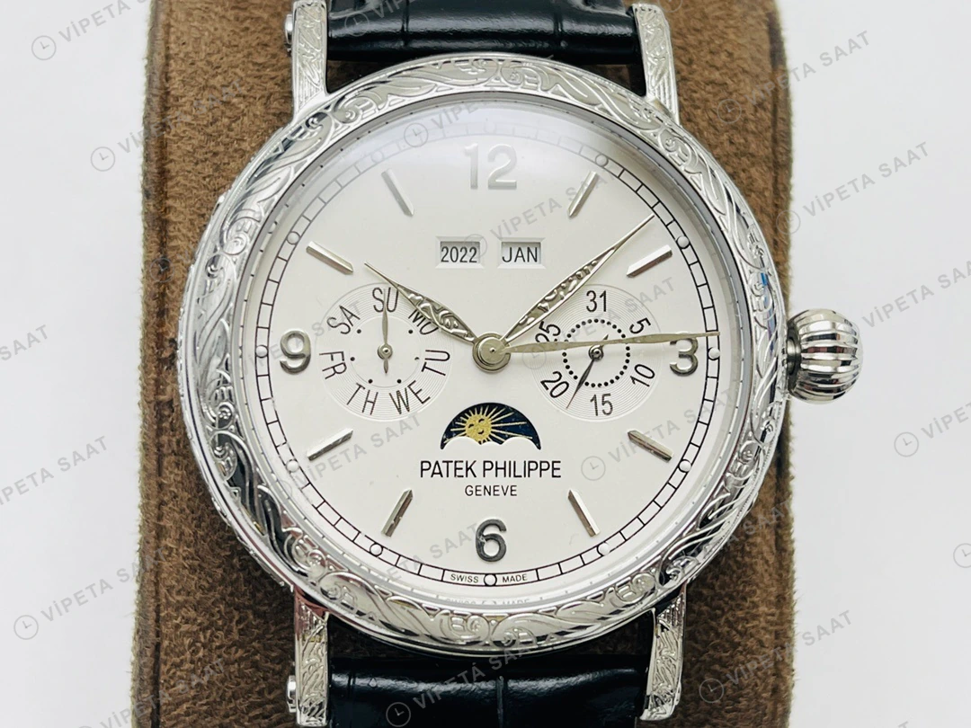 Patek Philippe Grand Complications Perpetual Calendar Beyaz Kadran Çelik Deri Kordon Super Clone ETA Eta Saat yan görünüm
