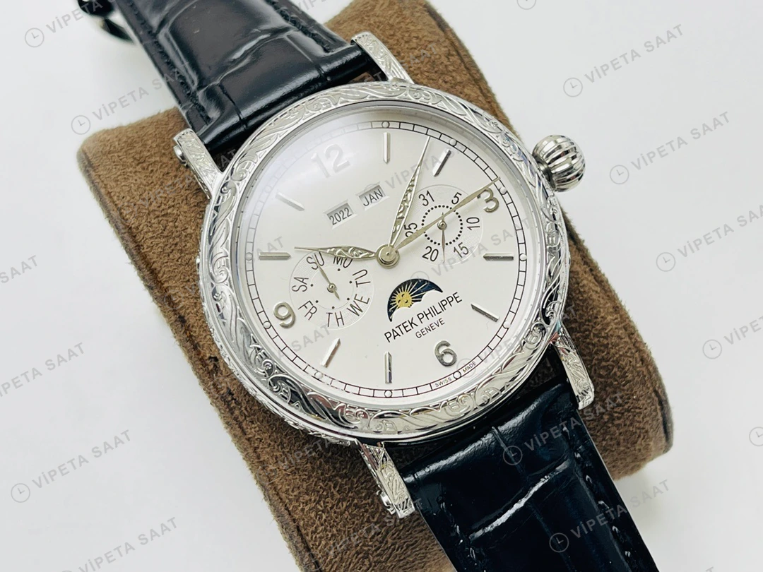 Patek Philippe Grand Complications Perpetual Calendar Beyaz Kadran Çelik Deri Kordon Super Clone ETA Eta Saat detay 7