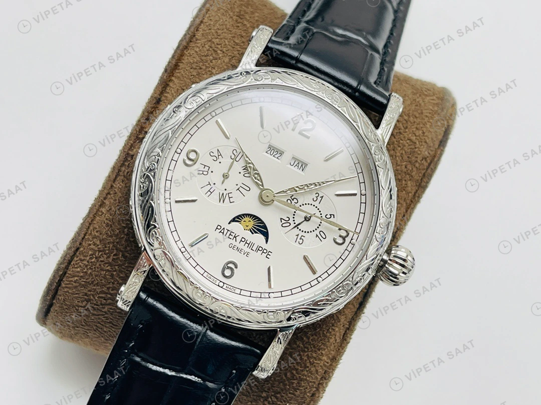 Patek Philippe Grand Complications Perpetual Calendar Beyaz Kadran Çelik Deri Kordon Super Clone ETA Eta Saat detay 8