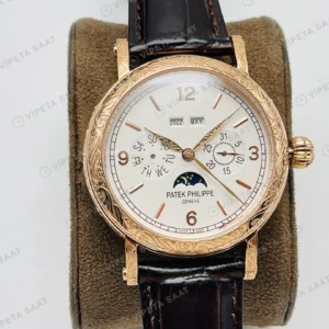 Patek Philippe Grand Complications Perpetual Calendar Beyaz Kadran Gold Deri Kordon Super Clone ETA Eta Saat detay 5