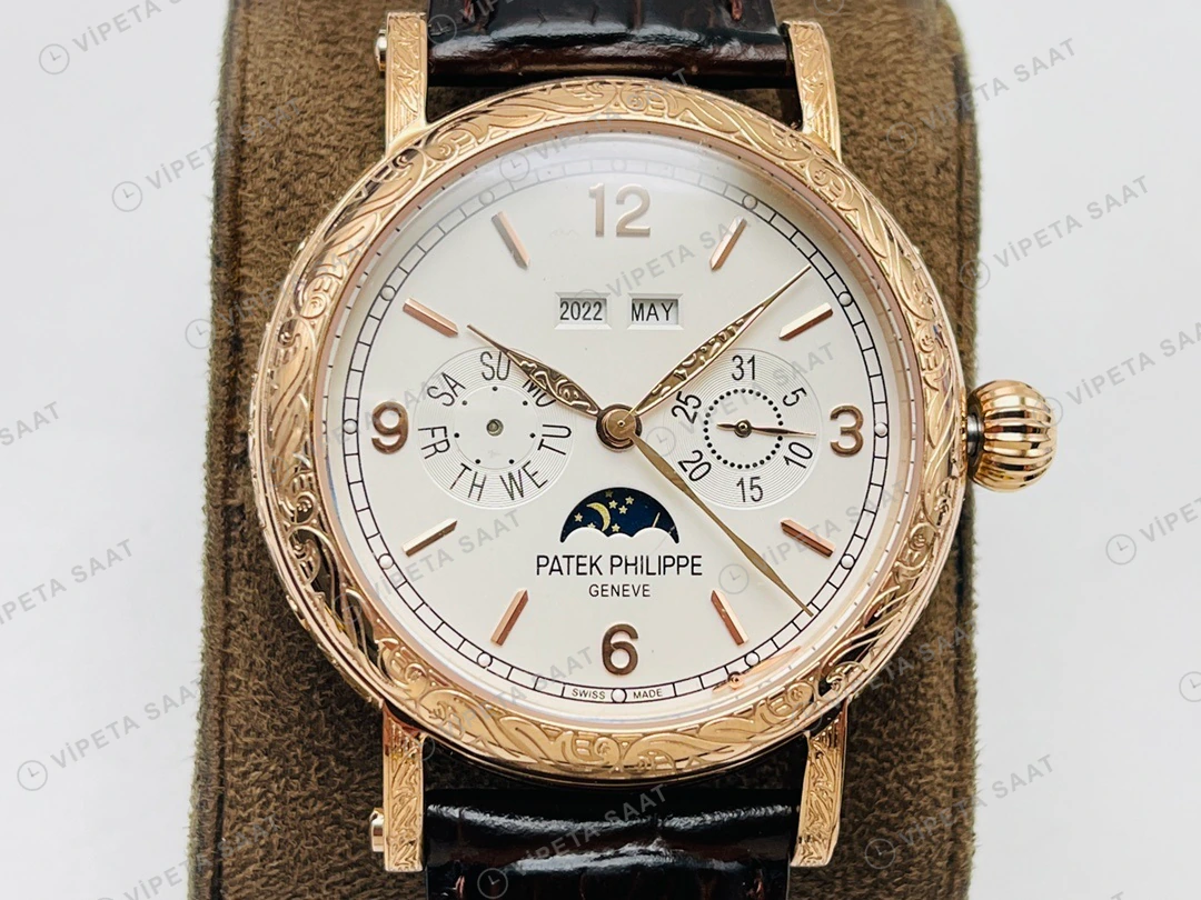 Patek Philippe Grand Complications Perpetual Calendar Beyaz Kadran Gold Deri Kordon Super Clone ETA Eta Saat detay 6