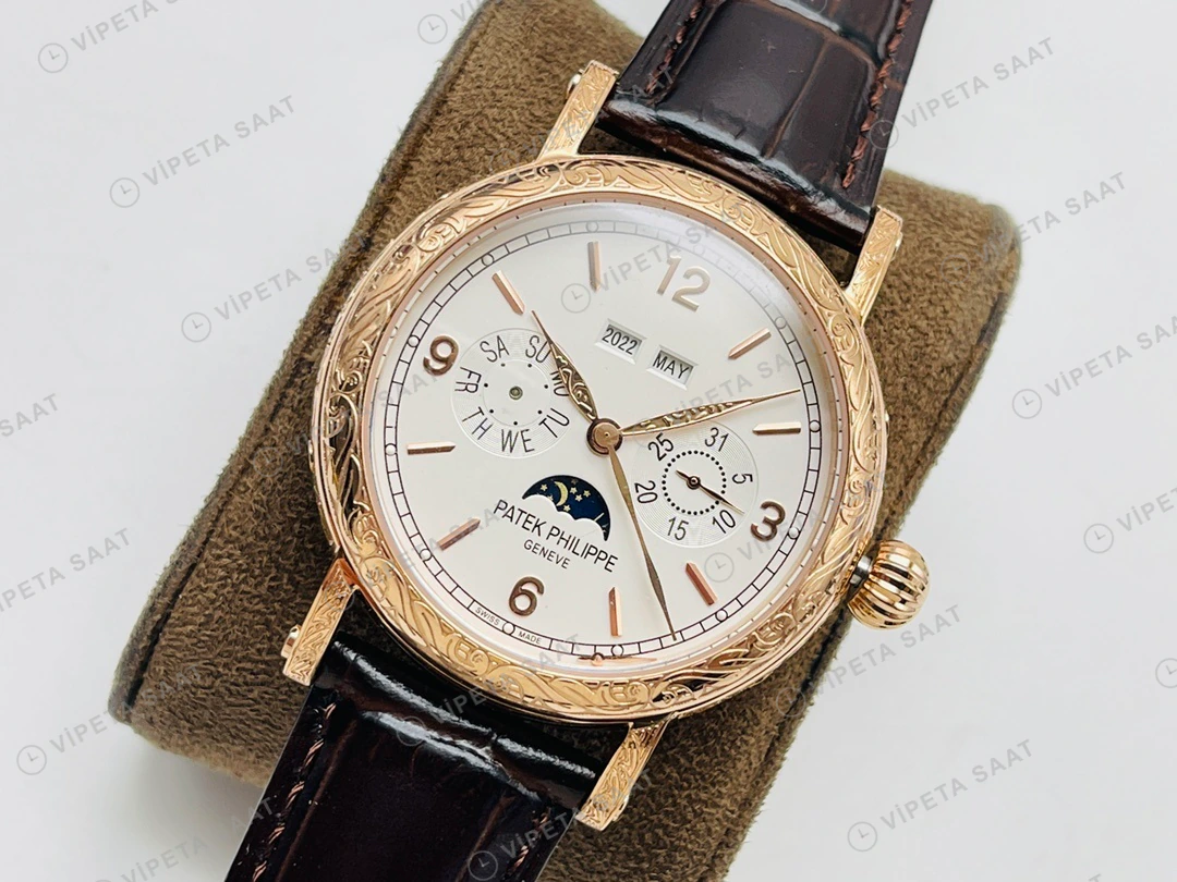 Patek Philippe Grand Complications Perpetual Calendar Beyaz Kadran Gold Deri Kordon Super Clone ETA Eta Saat detay 7
