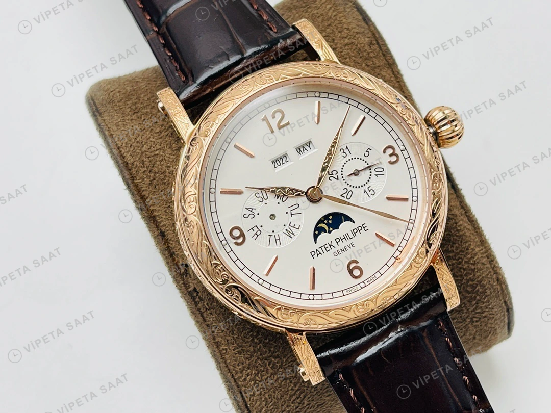 Patek Philippe Grand Complications Perpetual Calendar Beyaz Kadran Gold Deri Kordon Super Clone ETA Eta Saat detay 8