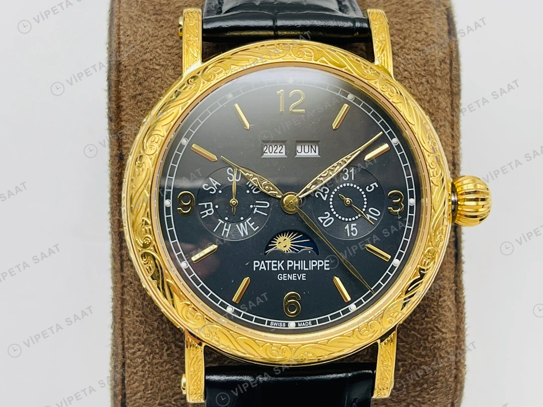 Patek Philippe Grand Complications Perpetual Calendar Siyah Kadran Gold Deri Kordon Super Clone ETA Eta Saat detay 6