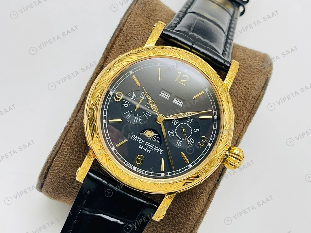 Patek Philippe Grand Complications Perpetual Calendar Siyah Kadran Gold Deri Kordon Super Clone ETA Eta Saat detay 7