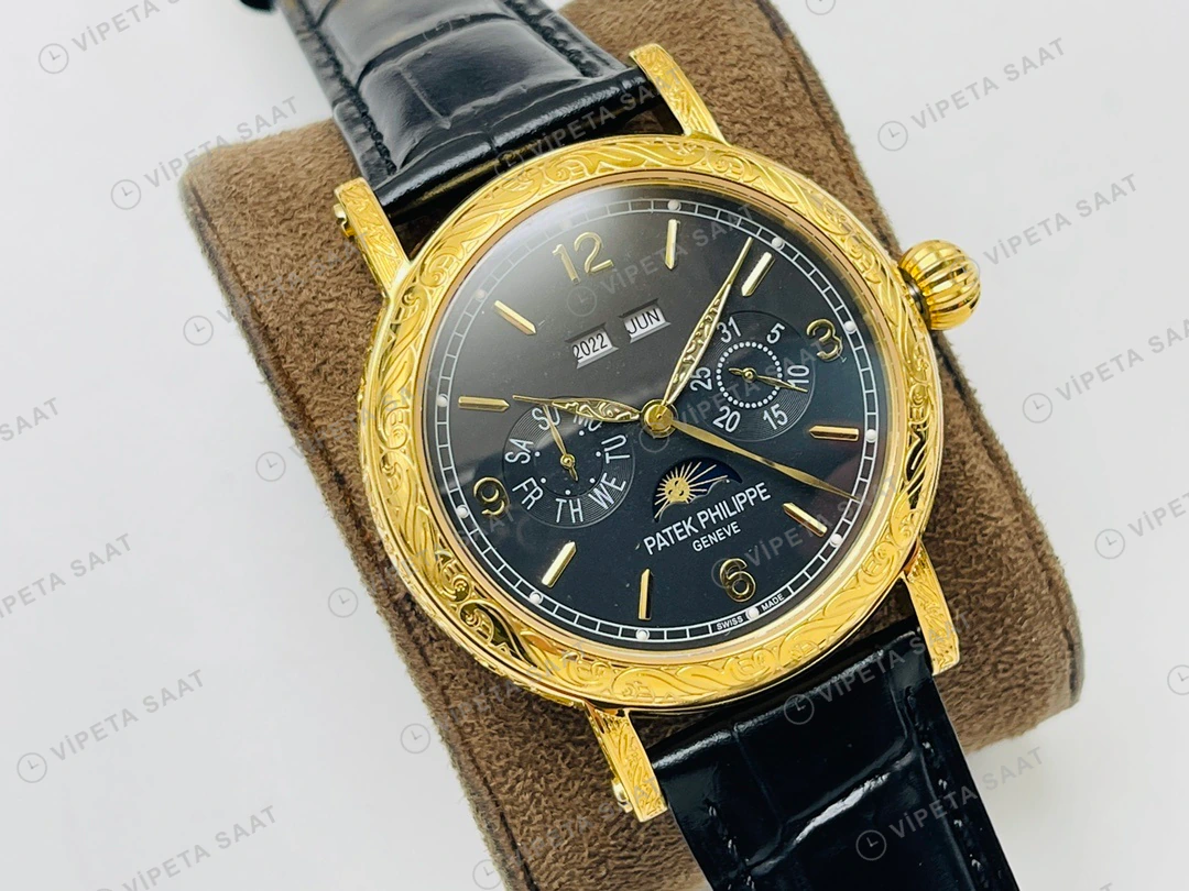 Patek Philippe Grand Complications Perpetual Calendar Siyah Kadran Gold Deri Kordon Super Clone ETA Eta Saat detay 8