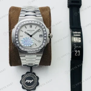Patek Philippe Nautilus Beyaz Kadran Taşlı Bezel Çelik Super Clone ETA Eta Saat detay 5