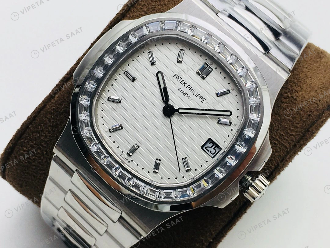 Patek Philippe Nautilus Beyaz Kadran Taşlı Bezel Çelik Super Clone ETA Eta Saat detay 9