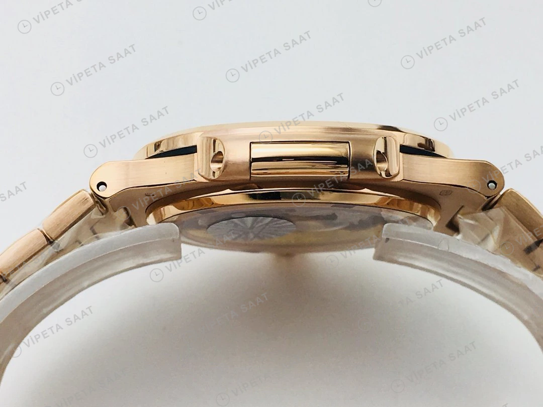 Patek Philippe Nautilus Beyaz Kadran Taşlı Bezel Gold Super Clone ETA Eta Saat yan görünüm
