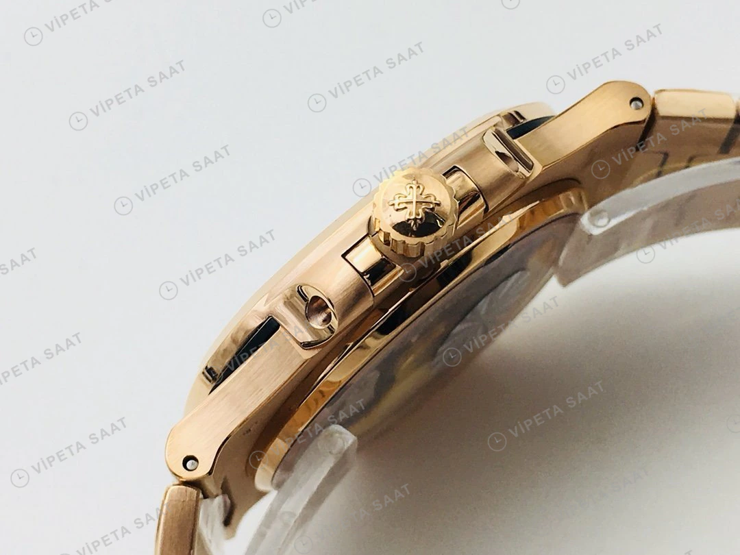 Patek Philippe Nautilus Beyaz Kadran Taşlı Bezel Gold Super Clone ETA Eta Saat detay 5