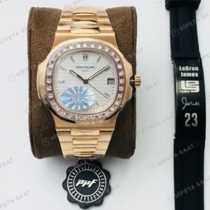 Patek Philippe Nautilus Beyaz Kadran Taşlı Bezel Gold Super Clone ETA Eta Saat detay 9